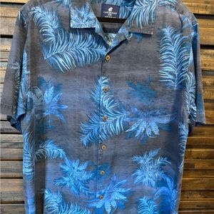 Caribbean Joe Hawaiian Shirt 100% SILK Mens LRG Blue Gray Floral‎ Palm Leaves